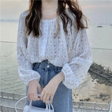 Women Blouses Floral Single Breasted O-neck Chiffon Patchwork Sweet Tender Elegant Lantern Sleeve Ulzzang Fairy Retro Shirts