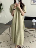 Zingj Chic Summer Retro Small Fresh Round Collar Tie Waist Show Thin Pleated Bubble Sleeve Dress Long Skirt