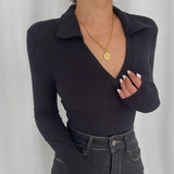 Women V-neck Long Sleeve Skinny T-Shirt Female Sexy Top Autumn Winter Casual Slim Ladies Tees