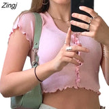 Women Summer Slim Solid Color Button T-shirt Korean Short Sleeve V-neck High Waist Exposed Navel