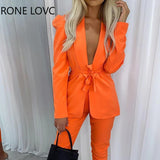 Women Solid Casual Elegant Puff Sleeves Sashes Spring/Autumn Calf-length Pants Blazer