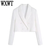 Women Elegant Solid Sets Fashion Double Breasted Cropped Blazer Suits With High Waist Textured Shorts