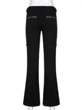 Rivet Goth Black Jeans Dark Academic Girl Techwear Side Zipper Low Waist Straight Denim Trousers Women