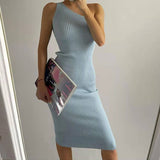 Zingj Slanting Shoulder Solid Color Knitted Dress Ins Xia Xian Slim Body Including Hip Middle Skirt Sleeveless