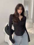 Sexy Hot Knitted T Shirt Women's Summer Tops Thin Sunscreen V-neck Short Tight White Long Sleeve Top Tshirt