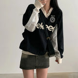 Fashion Color Letter Printed Baseball Blouse 2023 Loose V-Collar Medium And Long Woven Long-Sleeved T-Shirt In Early