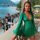 Women's Satin Dresses Green Gold Deep V Neck Botton Lantern Sleeve Mini Dress Sexy Female Party Dresses Club Autumn