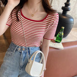 Zingj Neckline T-Shirt Female Summer 2024 Square Collar Design Sense Niche Stripe Short Sleeve Low Collar Slim Slim Knit