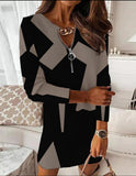 Zingj Hot Style Autumn And Winter Long Sleeve V Neck Print Tight Wrap Hip Middle Long Dress
