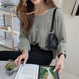 Puff Sleeve Pullover Top Autumn New Long Sleeve Loose Shirt Women Square Collar Cotton Blouse Women