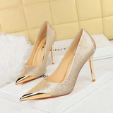 Zingj National Style Women's Shoes High Heels Silk Thin Heel Shallow Metal Pointed Head Satin Banquet High Heel Singles