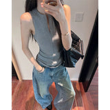 Girl Round Collar Zipper Sleeveless Sling Vest Women's Summer 2025 New Fashion Slim Solid Color Top