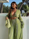 Sexy Green Pants Set Women Casual Loose Bandage Blouses Shirt Matching Wide Leg Trousers Suit Elegant 2 Piece Pant