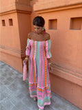 Patchwork Half Sleeved Women Maxi Dress Casual Beach Holiday Square Collar Ruffles Loose Dress Female Bohemian Mujer