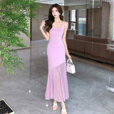 Zingj Stitched Pink Knitted Dress A New Summer Style For Women With Waist Halter And Perspective Fishtail