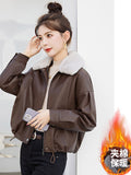 Fur Collar Plus Velvet Coat Women 2025 Winter New Small Loose PU Locomotive Jacket