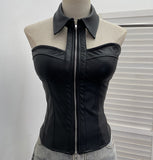 Shot With Chest Pad Hanging Neck Sling Vest Babes Design Pu Skin Tight Short Sleeveless Top Woman