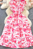 Women Floral Chiffon Midi Dress Vintage V-Neck Ruffle Hem Elegant Single Breasted Vestidos Female Vacation Beach Robe