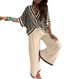 Zingj Women's Patchwork Print V-Neck Top Elastic Waist Tied With Wide Leg Trouser