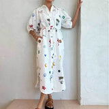 Women's New Printed Collar Long Collection Belt With Shirt Dress