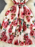 Vintage Floral Printed Pleated Dress Women Elegant V-Neck Sleeveless High Waist Draped Vacation Beach Vestidos Female