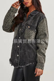 The Ins Hot Ladies Design Cotton Leopard Print Jeans Make Old Fur Lapel Collar Buckle Long Sleeve Shirt-Outfit