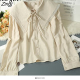 Sweet White Shirt Women Korean Lace Up Peter Pan Collar Blouses Spring Autumn Elegant Office Work Long Sleeve Ladies