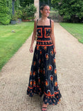 Women Vintage Print Ruffle Pleated Sling Maxi Dress Elegant Square Neck Single Breasted Backless Robe 2024 Lady Vacation