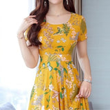 fashion floral dress waist long short sleeve a word casual