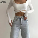 Women's Spring Autumn Slim Fit Crop Tops Square Neck Long Sleeve Solid Color Twisted Hollow Out T-shirt for