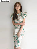 Women Sexy Puff Sleeve Bodycon Dress Office Lady Elegant Slim Waist Female Floral Print