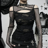 Autumn New Personality Women's Wear Dark Wind Hot Girl Sexy Slim Grid Hole Long-Sleeved Top
