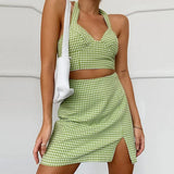 Skirt Suit Sexy Short High Waist European 2022 Summer Halter Camisole 2-piece Set Women's Light Green Plaid Suspenders