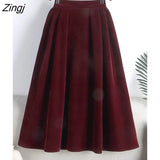 2022 Trend Vintage Velvet Korean Fashion Midi Long Pleated Skirt Women Red Aesthetic High Waist A Line Skirt