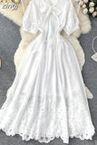 Rose Red/White Lace Hollow Out Party Long Dress Elegant Bow Collar Puff Short Sleeve High Waist A-Line Maxi Vestidos