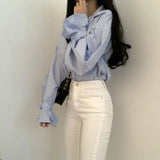 Women Striped Shirts Designer Lantern Sleeve Ulzzang Boyfriend Korean Style Fashionable Soft Tops Students All-match Casual