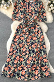 Women Floral Long Dress Elegant Square Collar Short Sleeve High Waist A-Line Casual Vestidos Female Robe New Fashion