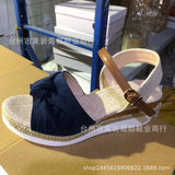 New Fish Mouth Bow Buckle Thick Bottom Slope Sandals Women's Large Size Hemp Rope Bottom Flat Bottom Women