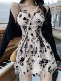 Long Sleeve Knit Cardigan Crop Coat Two-piece Dress Ladies Drawstring Floral V-neck French Suspender Robe Suit