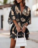 Zingj Wise Hot Style Autumn V-Collar Loose Bat Sleeve Print Dress Women's