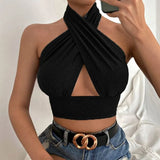Summer Tank Tops Sexy Solid Color Cross Halter Neck Push Up Hollow Crop Tops 2022 New