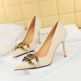 Zingj Fashion Banquet Women's Shoes Heel High Heel Shallow Pointed Big Metal Buckle Single Shoes High