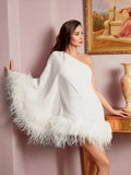 Zingj Shoulder Feather Hem Mini Dress Women Loose Backless Irregular Short Dresses 2024 New Fashion Lady Evening Prom Vestidos 211-1-Outfit