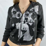 Hoodies with Pockets 90s Vintage Graphic Y2K Aesthetic Coat Top E-girl Sweatshirts Spring Autumn Printed Zipper