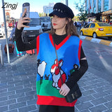 Vest Women Sleeveless V-neck Cartoon Lovely Sweet Girls Patchwork Loose Kawaii 2XL Knitted Stylish Casual Chic