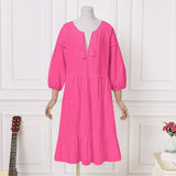 Summer New Lace V-Collar Ins Casual Loose Lace Stitched Seven-Sleeve Cake