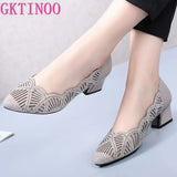 Rhinestone Pointed Toe Gauze Pumps Cut Outs Women Shoes Genuine Leather Comfortable High Heels Shoes Big Size
