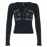 Zingj Spice Girl Letter Print Breasted V-Neck T-Shirt Women's New Slim Knit Bottom Long-Sleeved