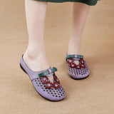 Zingj Summer New Flat-Soled Low-Heeled Women's Shoes National Style Leather Flower Slippers Hollowed-Out Breathable Comfortable Hole