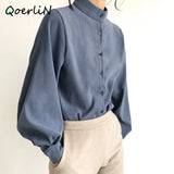 Lantern Sleeve Blouse Women Autumn Winter Single Breasted Stand Collar Shirts Office Work Blouse Solid Vintage Blouse